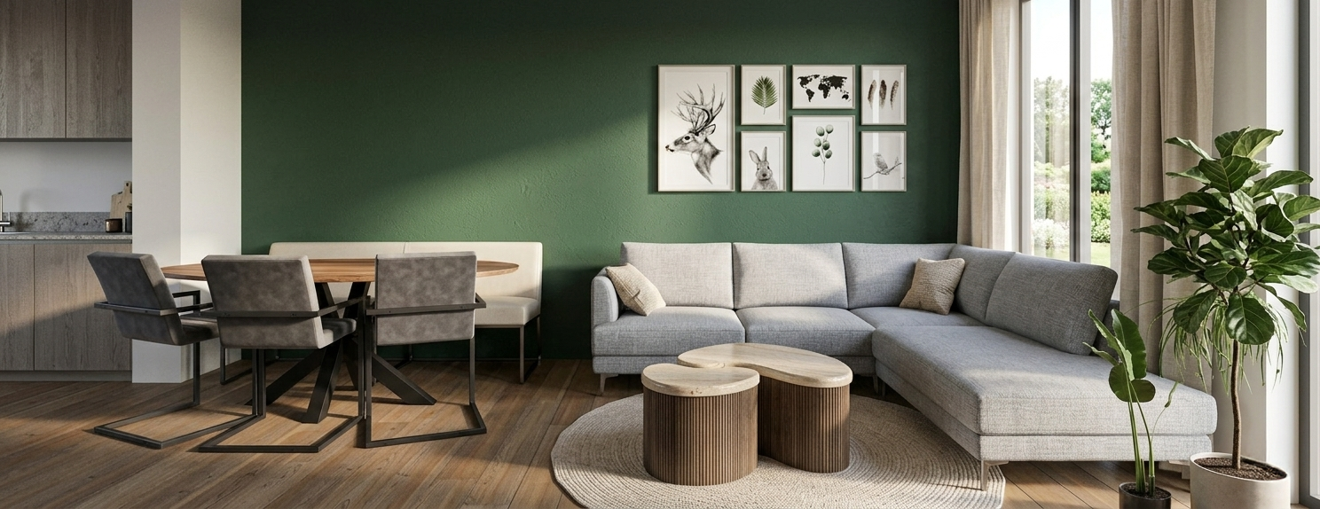 Een moderne woonkamer met een donkergroene accentmuur, een grijze bank, twee houten salontafels en een eethoek achterin.