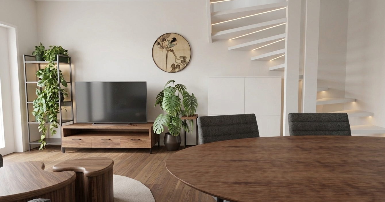 Een moderne woonkamer met een witte wenteltrap, televisie, krabpaal, eethoek en veel natuurlijk licht.