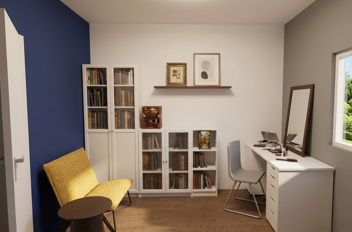 Een zonnig thuiskantoor met een gele fauteuil, een bureau/kaptafel en witte boekenkasten tegen een donkerblauwe muur.