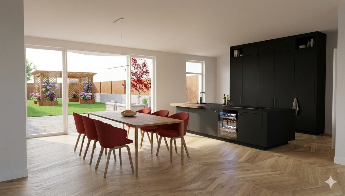 Moderne keuken en eethoek met zwarte kasten, een houten tafel, rode stoelen en grote glazen deuren naar de tuin.