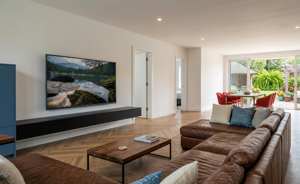 Een moderne woonkamer met een tv aan de muur, een hoekbank, een salontafel en uitzicht op het terras door glazen deuren.