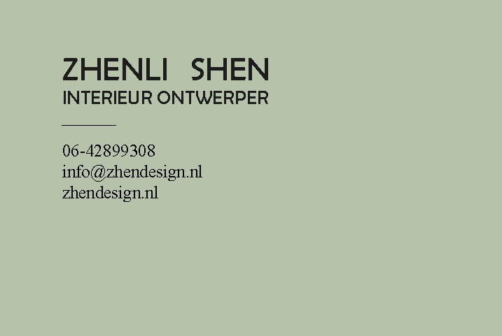 Visitekaartje van interieurontwerper Zhenli Shen, met contactgegevens op een saliegroene achtergrond.