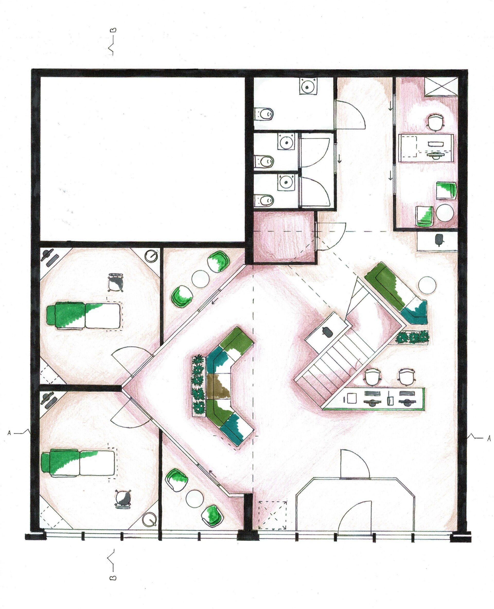 Een plattegrond van een commerciële ruimte met een centrale receptie, omliggende kamers, toiletten en een trappenhuis.
