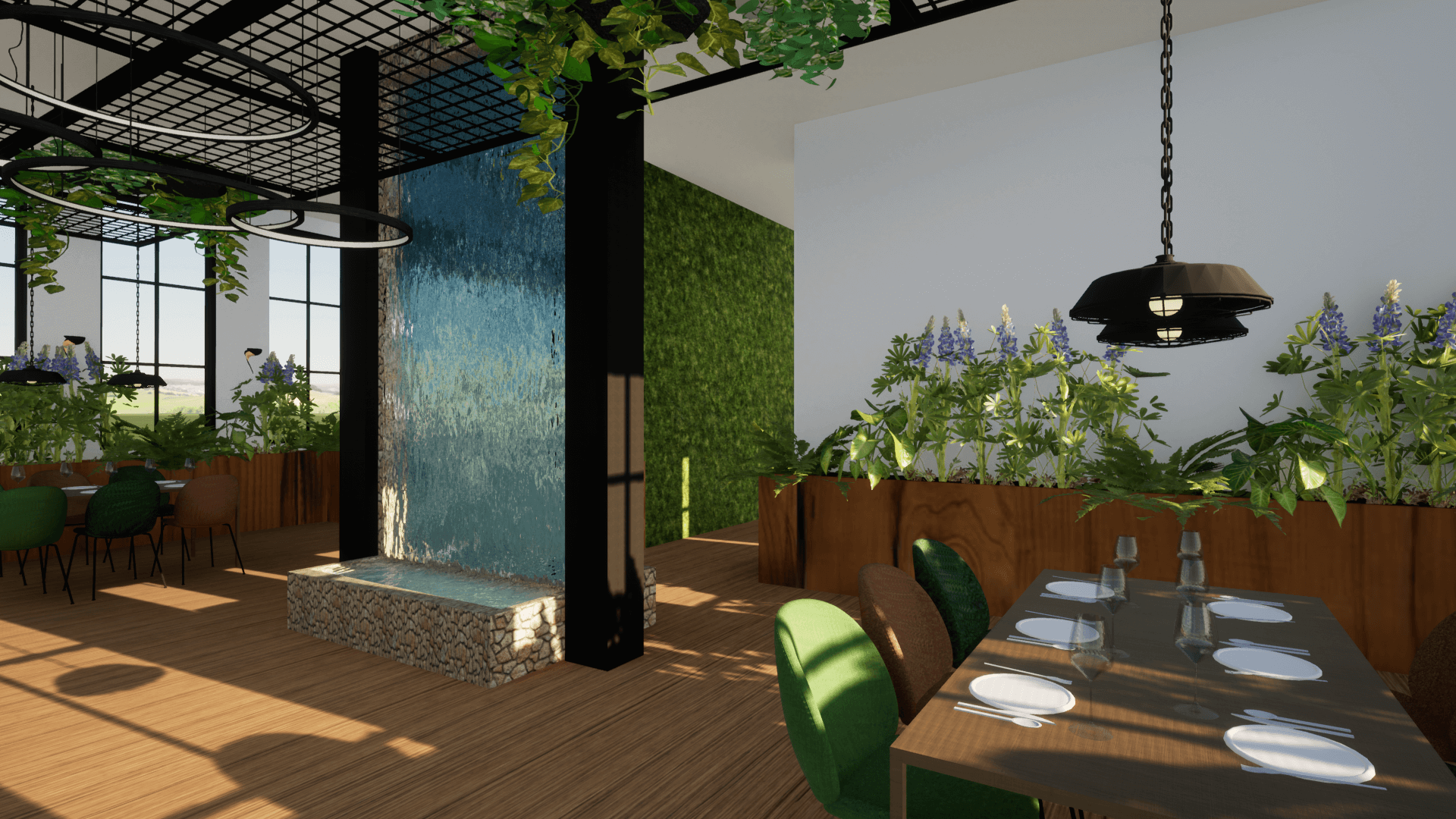 Een moderne eetruimte met een glazen waterwand, weelderig groen, houtkleurig meubilair en zwarte metalen accenten.
