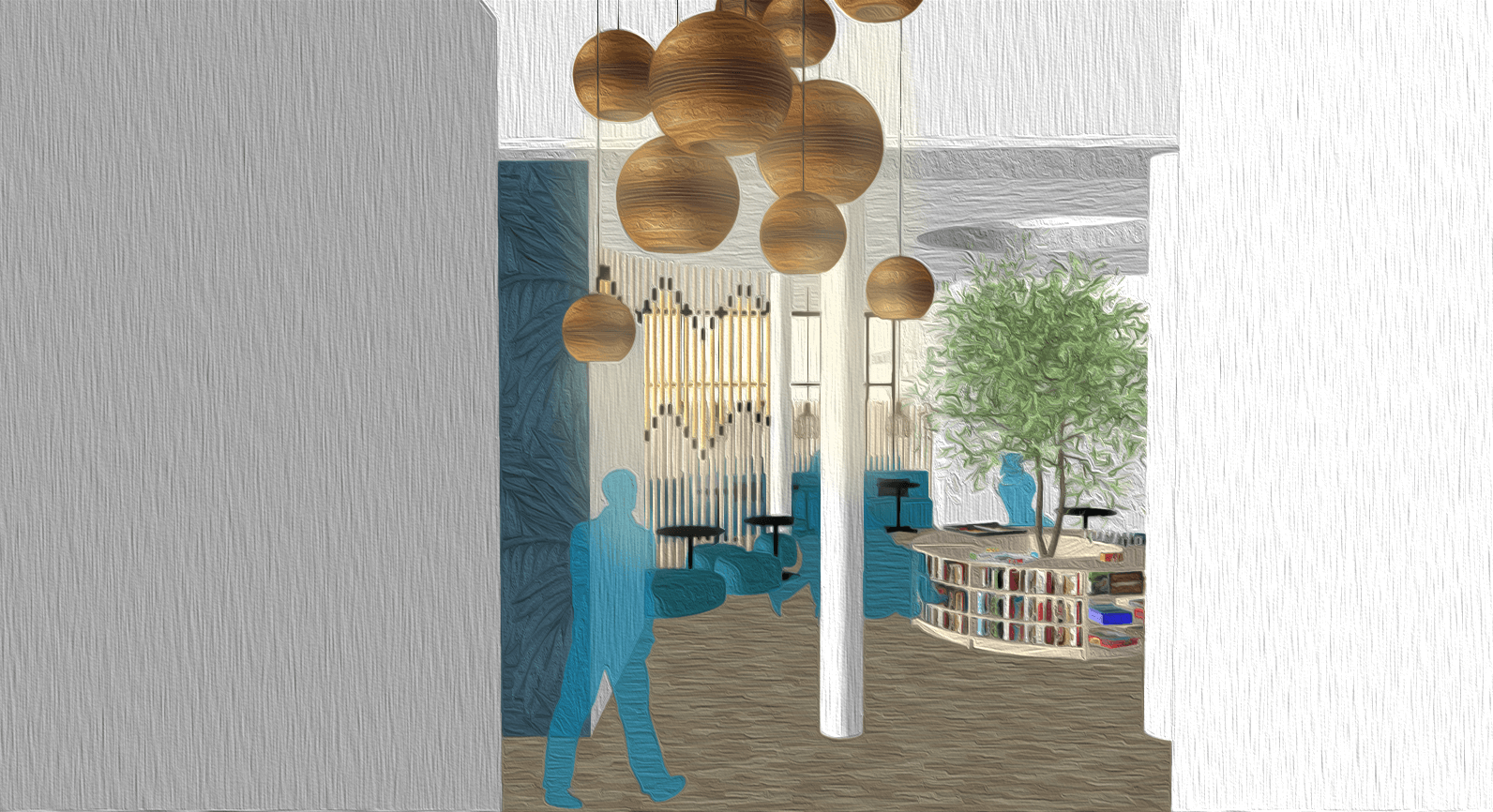 Interieurontwerp van een lobby met ronde houten hanglampen, een centrale boom en turquoise zitmeubelen.