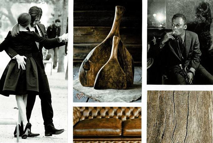 Een collage met een dansend paar, houten decoraties, een persoon in een pak, een leren bank en een textuur van boomschors.