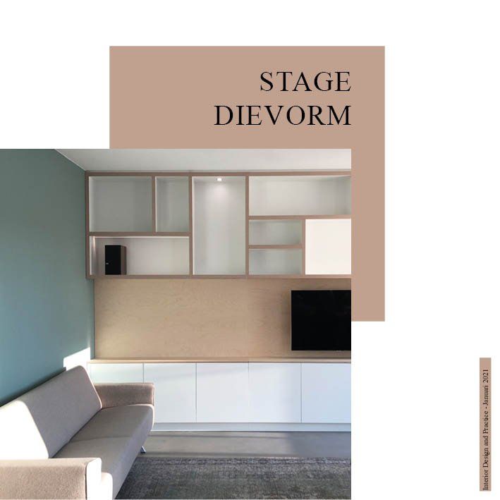 Een woonkamer met een grijze bank, witte kasten en een open boekenkast tegen een beige en turquoise muur.