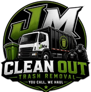 JMC trash removal logo with black truck, green trash can, and bold “CLEAN OUT” text