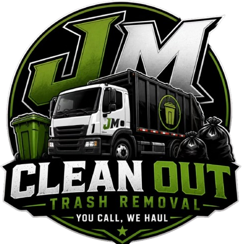 JMC trash removal logo with black truck, green trash can, and bold “CLEAN OUT” text