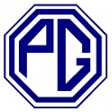 Blå og hvit åttekantet logo med bokstavene «PG».