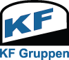 Logo for KF Gruppen: Blå «KF» i hvit form, svart kant, med «KF Gruppen» under i blått.