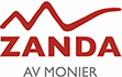 Rød logo: «ZANDA»-tekst under en stilisert fjellkjede og «AV MONIER»-tekst.