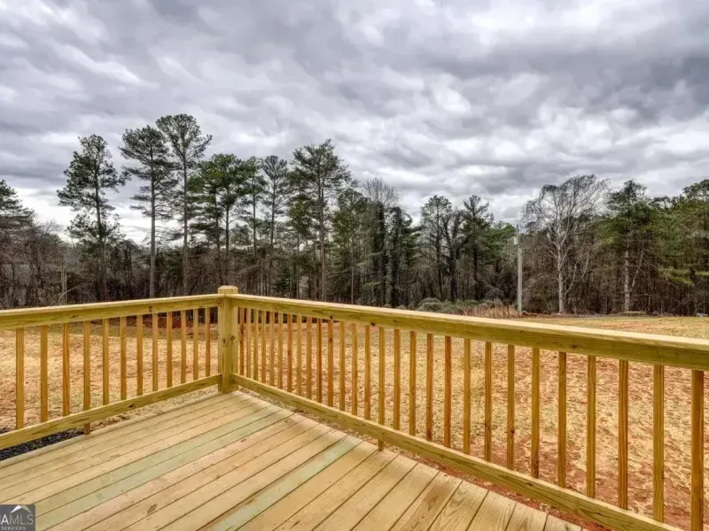 Wooden deck overlooking a grassy yard and pine trees under a cloudy sky