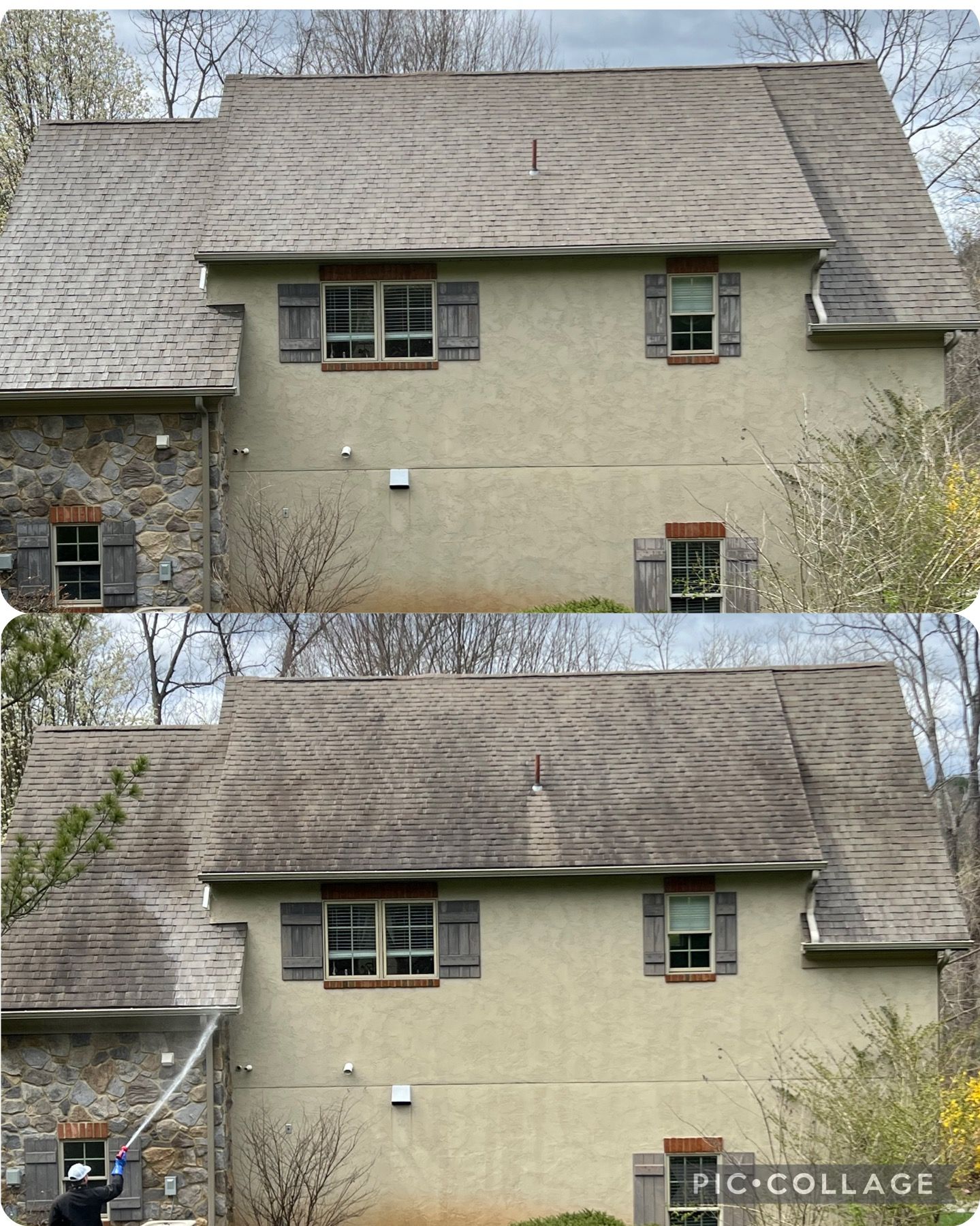Before-and-after of a two-story house roof cleaning. Dirty roof versus clean, with a person using a pressure washer.