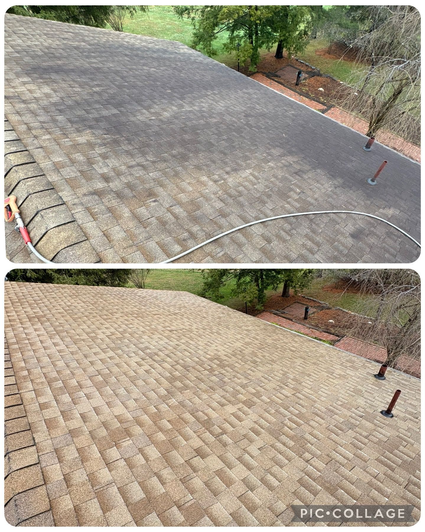 Comparison of a roof before and after cleaning, showing a stark color difference. The cleaned portion is lighter.