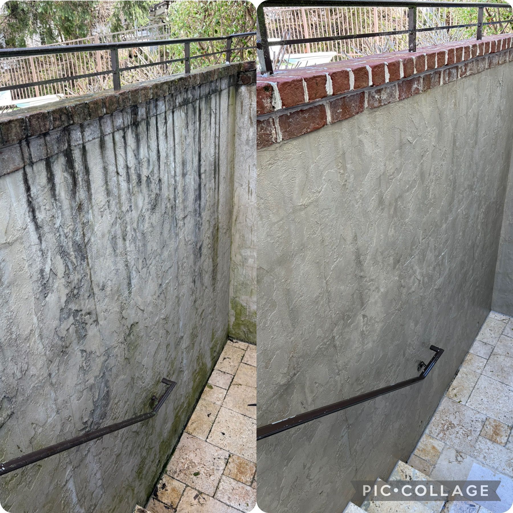 Comparison: Concrete wall before and after cleaning. Dark stains removed, revealing clean surface.
