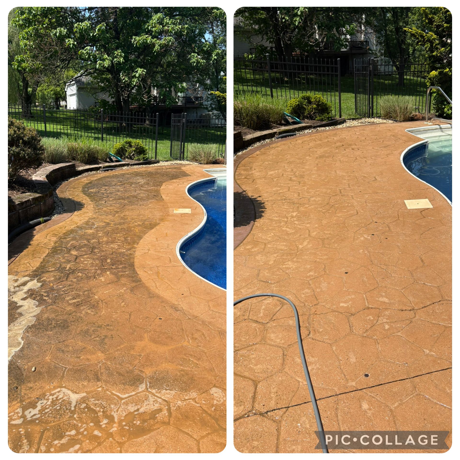Before and after of a stamped concrete pool deck. Left: dirty. Right: cleaned and restored.
