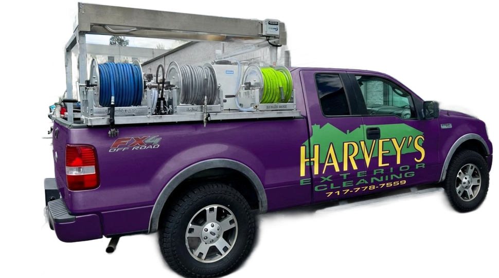 Purple pickup truck with cleaning equipment, 