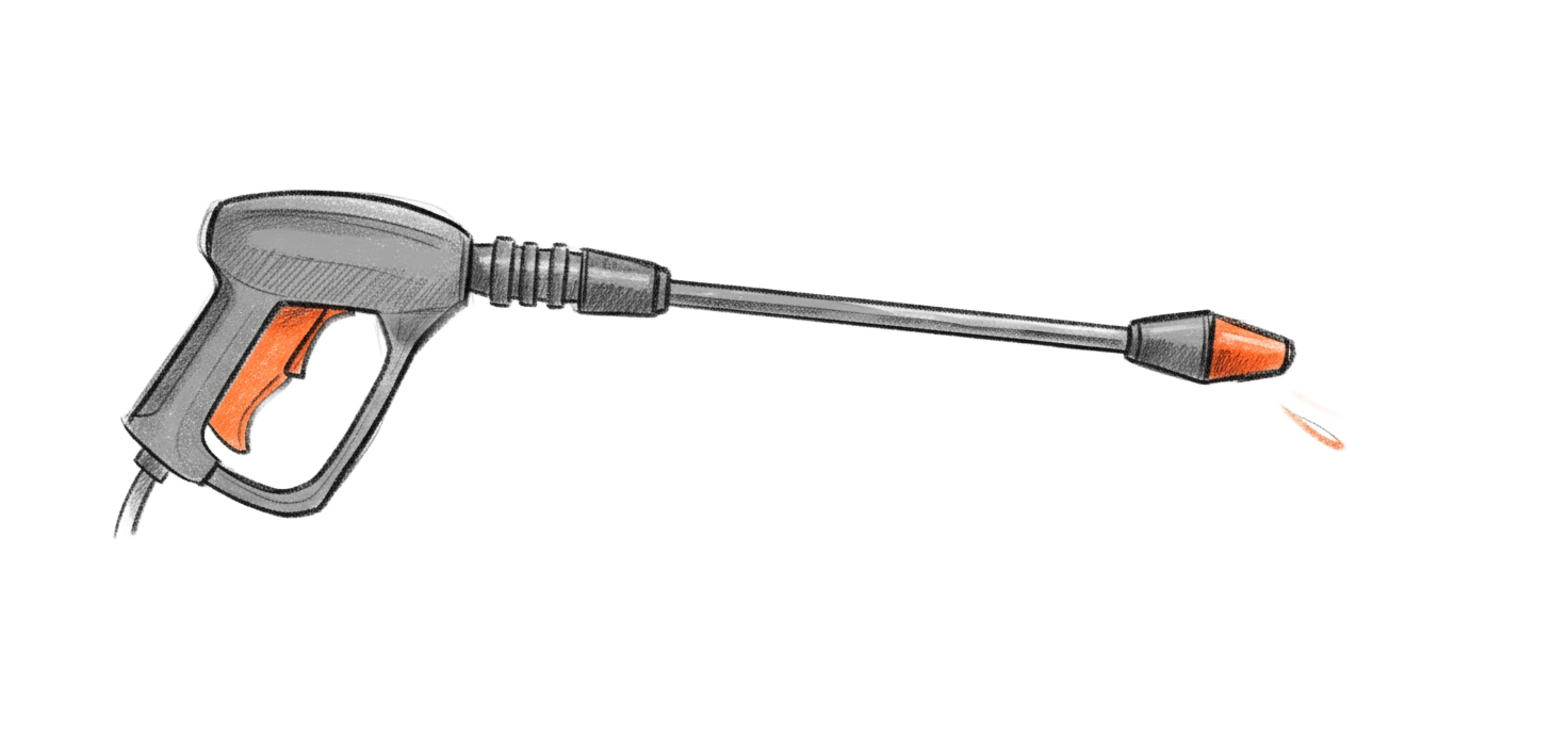 A gray and orange pressure washer gun spraying water.