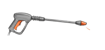 A gray and orange pressure washer gun spraying water.