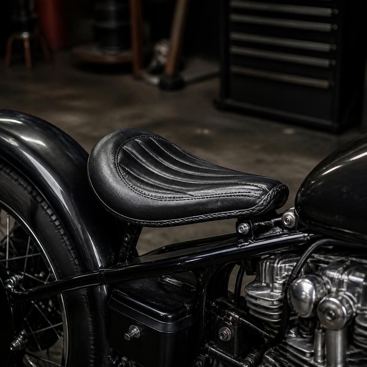 Black motorcycle close-up with leather seat, chrome engine, and rear wheel in a dark garage