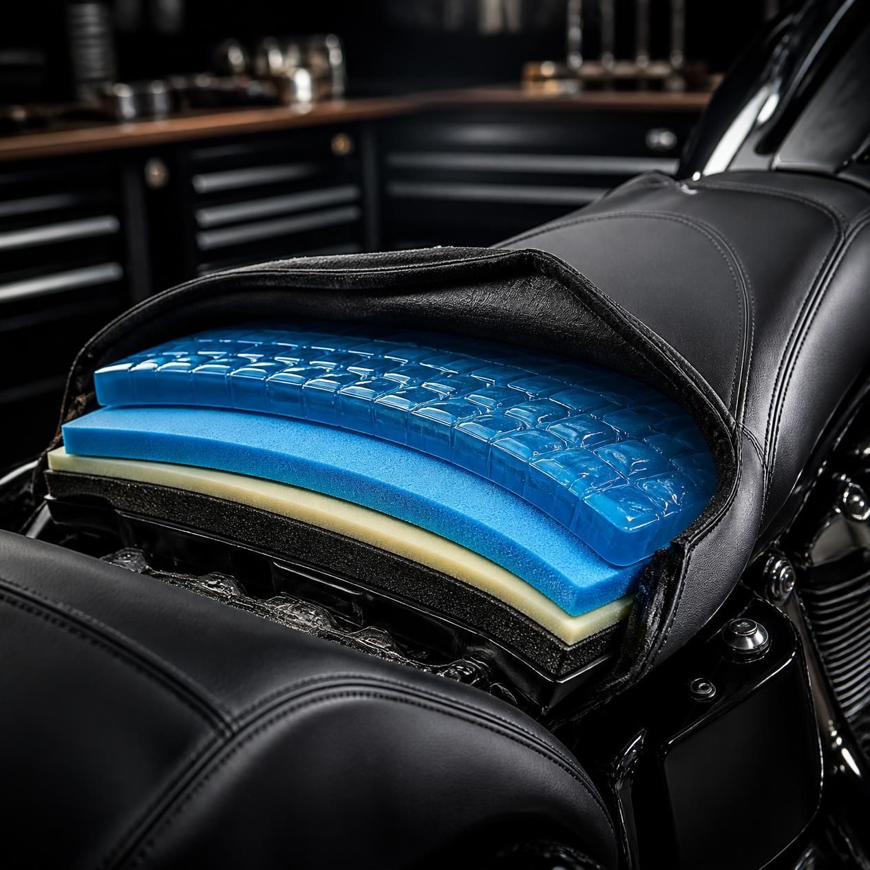 Black leather car seat with layered blue, yellow, and black foam inserts in a garage setting