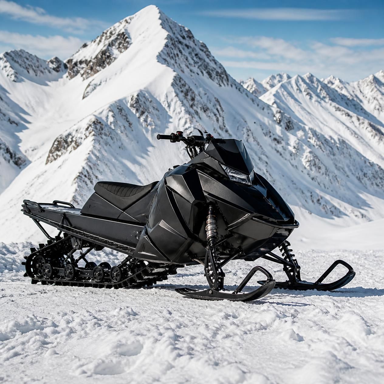 Black snowmobile on snowy mountain trail with jagged peaks in the background