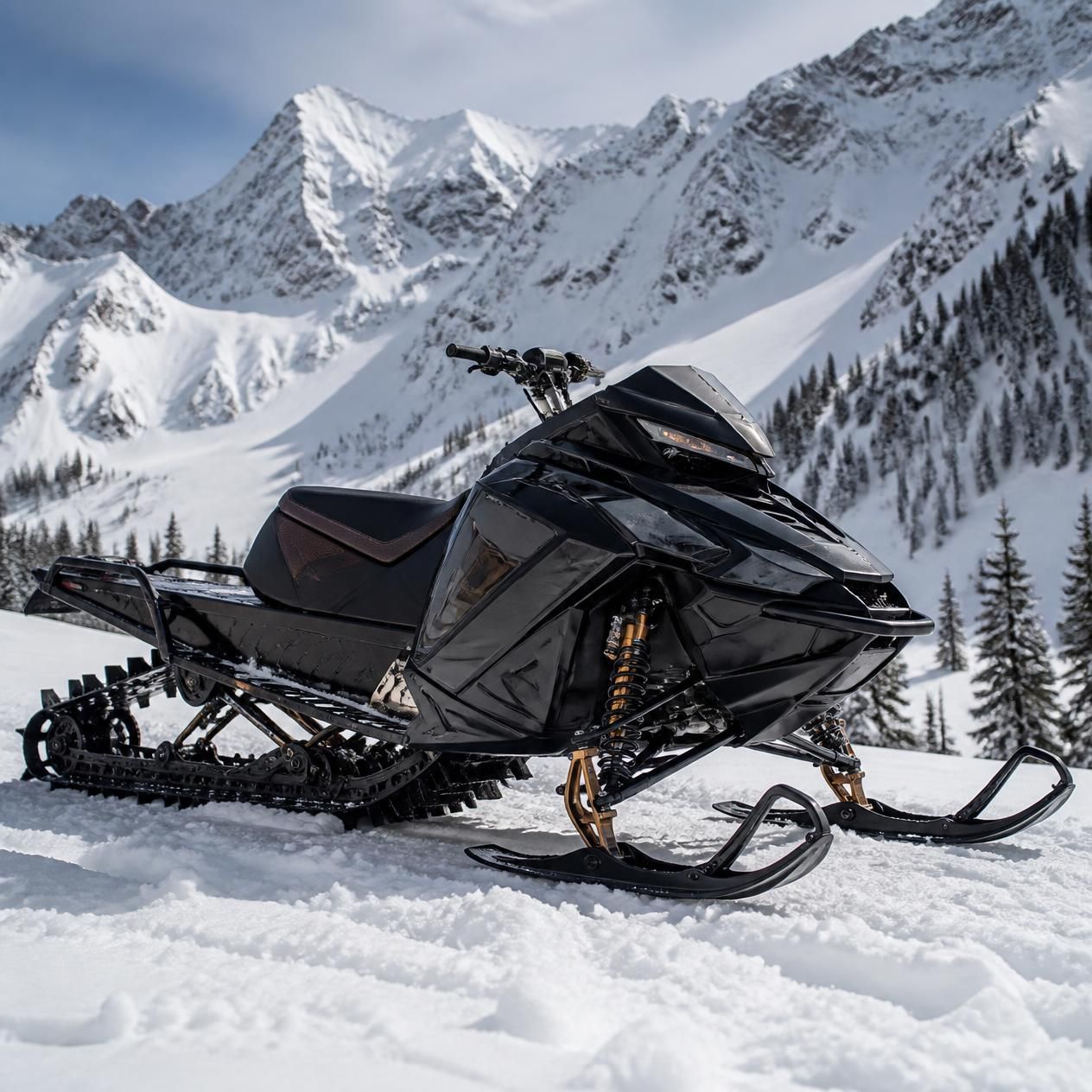 Black snowmobile on snowy mountain trail with jagged peaks in the background