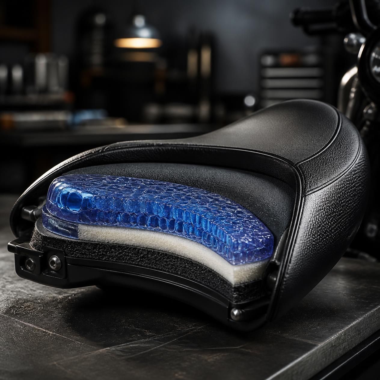 Black leather car seat with layered blue, yellow, and black foam inserts in a garage setting