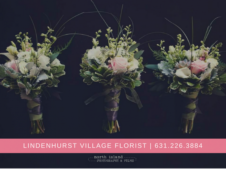 Three pastel floral bouquets on dark background, with Lindenhurst Village Florist logo and phone number below