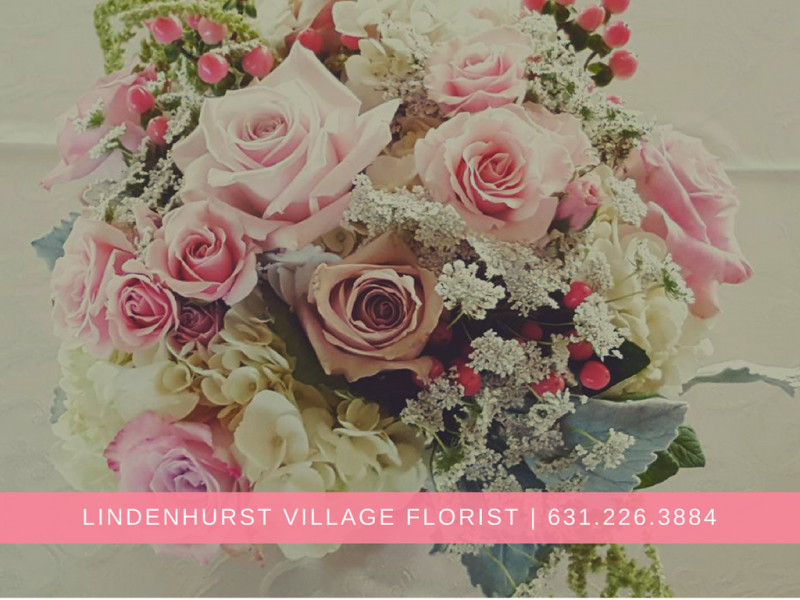 Pink and white rose bouquet with greenery, from Lindenhurst Village Florist