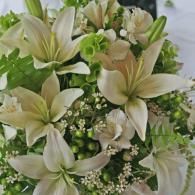 Cream and white lilies with baby’s breath arranged in a bouquet