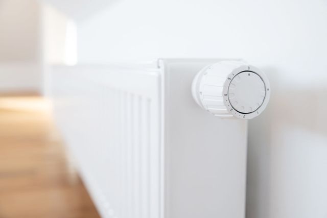 Weißer Heizkörper mit Temperaturregler vor einer weißen Wand in einem Raum mit Holzboden.