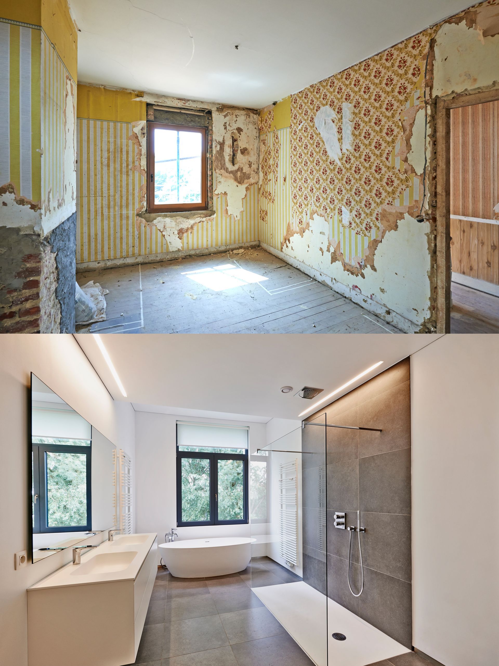 Vorher und nachher nach einer Zimmerrenovierung; oben sieht man abblätternde Tapeten, unten ein modernes Badezimmer mit Dusche und Badewanne.