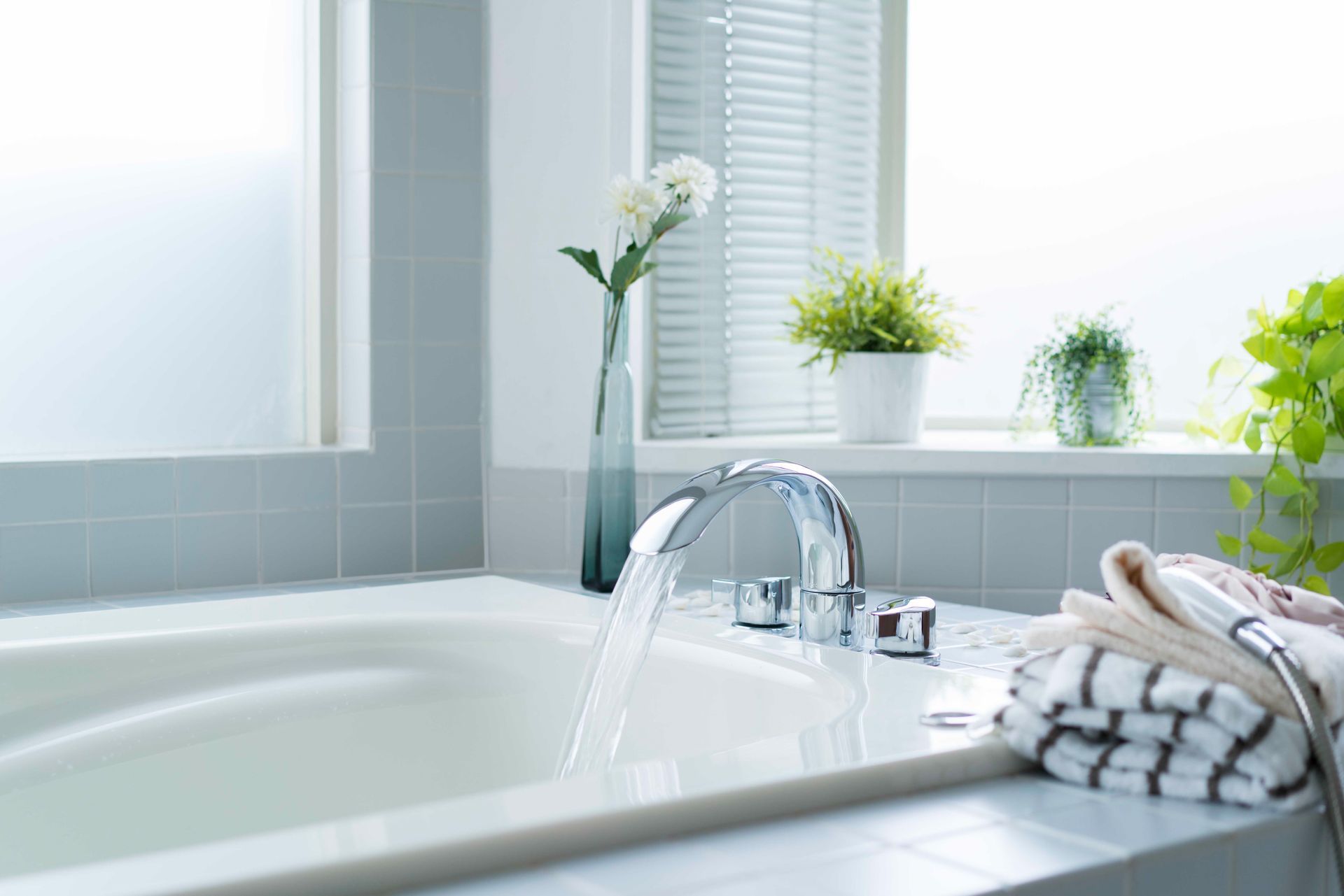 Badewanne mit fließendem Wasser, Fenster, Pflanzen und Handtücher in einem hellen Badezimmer.