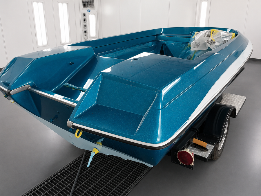 Blue speedboat on a trailer in a white spray booth or garage