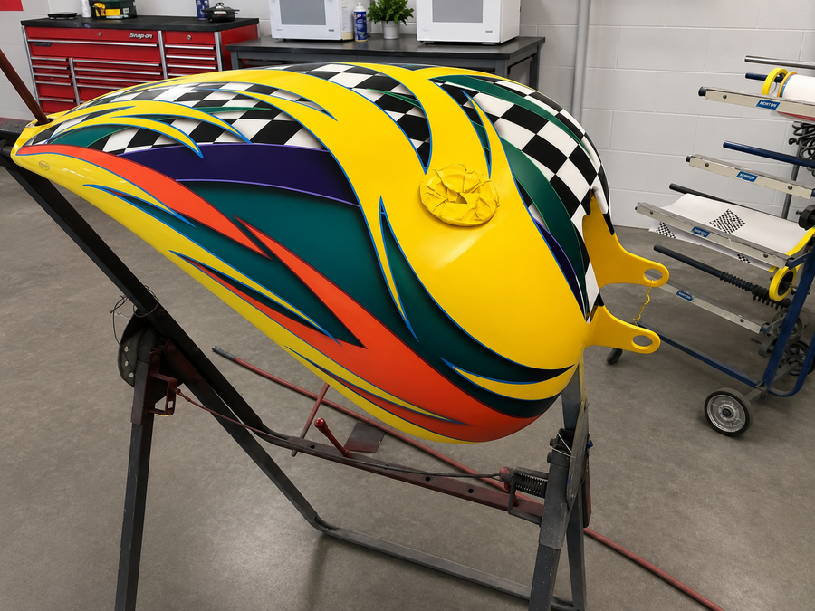 Colorful racing boat hull in a workshop, yellow with multicolor stripes.