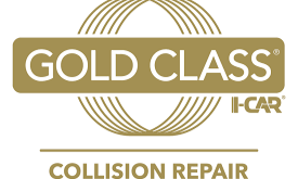 Gold Class collision repair logo, gold and white, with I-CAR symbol and the words
