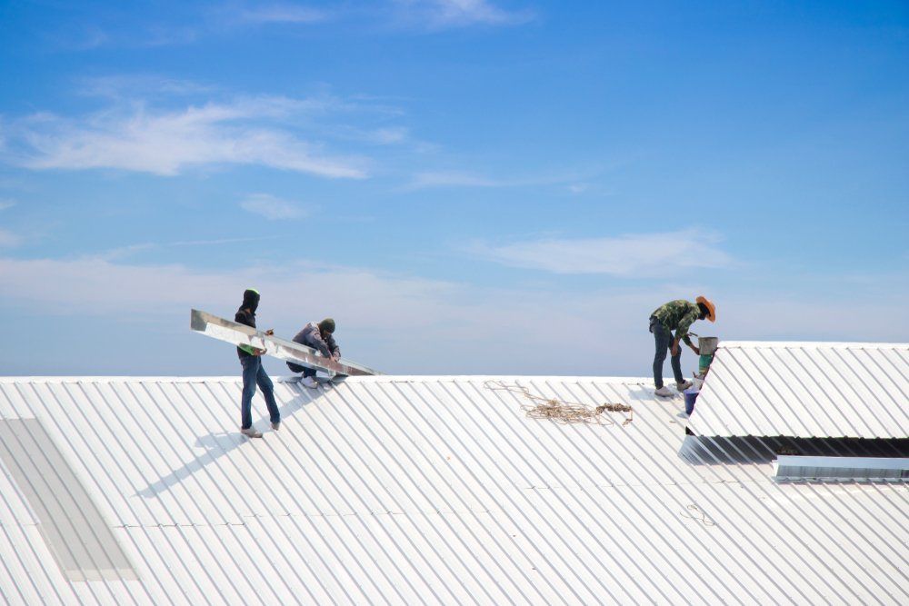 A Group of People Are Working on a White Roof — Goulburn Roofing In Goulburn, NSW