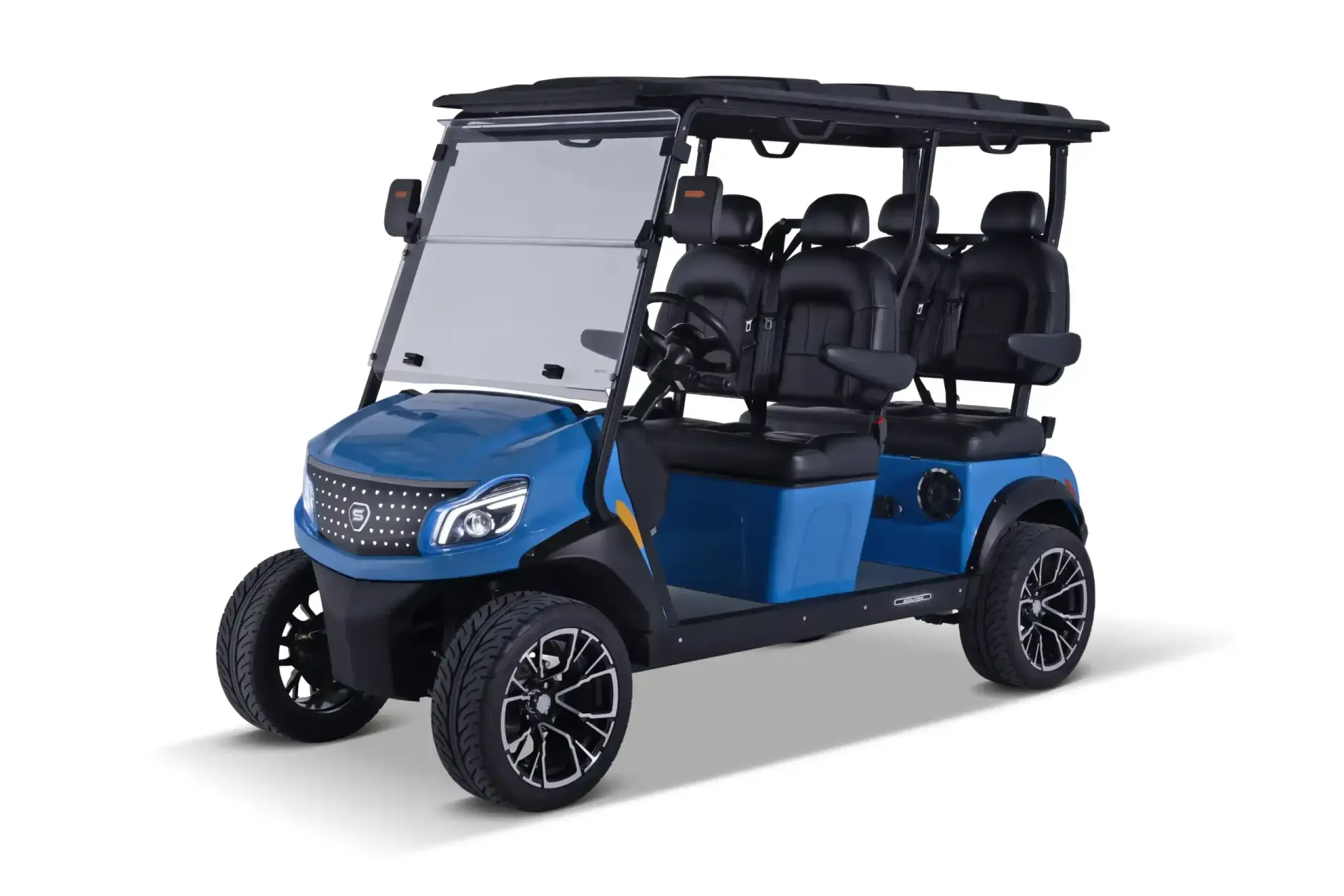 Blue six-seat golf cart with black roof, windshield, and seats on a white background
