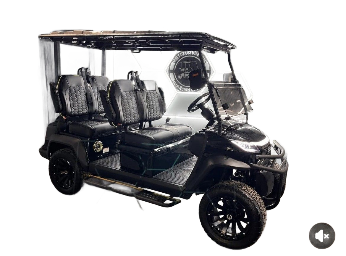 Black golf cart with canopy and four seats on a white background