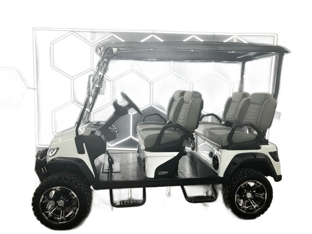 White electric golf cart with gray seats and clear enclosure, shown in side view.