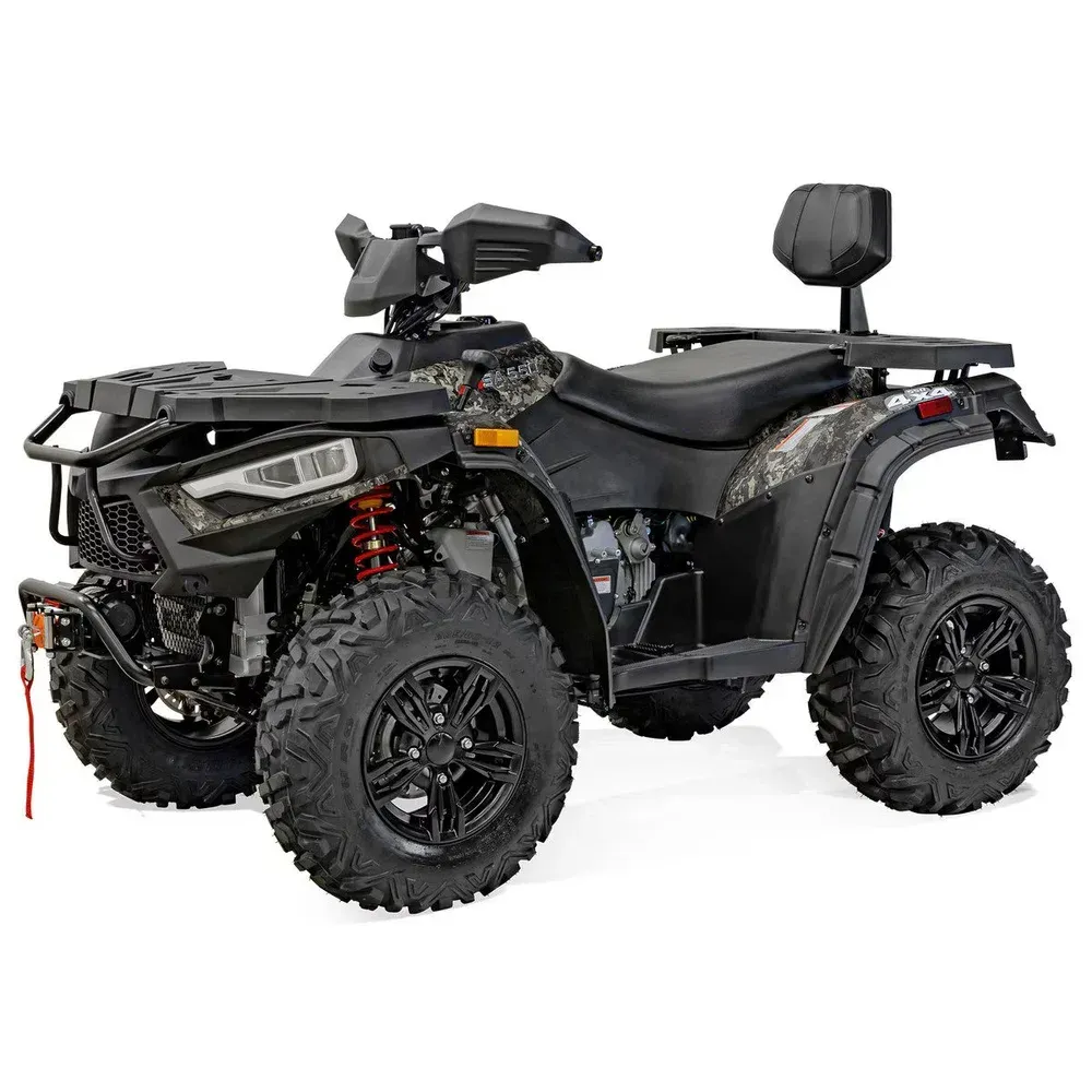Black all-terrain ATV with cargo racks and knobby tires on a white background