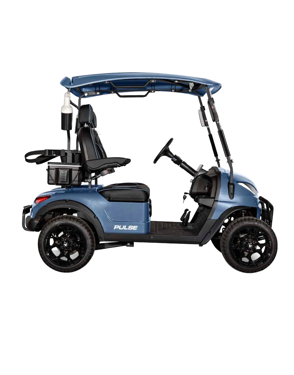 Blue six-seat golf cart with black roof, windshield, and seats on a white background