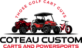 Coteau Custom Carts and Powersports logo with red golf cart, ATV, and scooter
