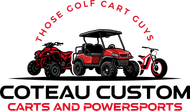 Coteau Custom Carts and Powersports logo with red golf cart, ATV, and scooter