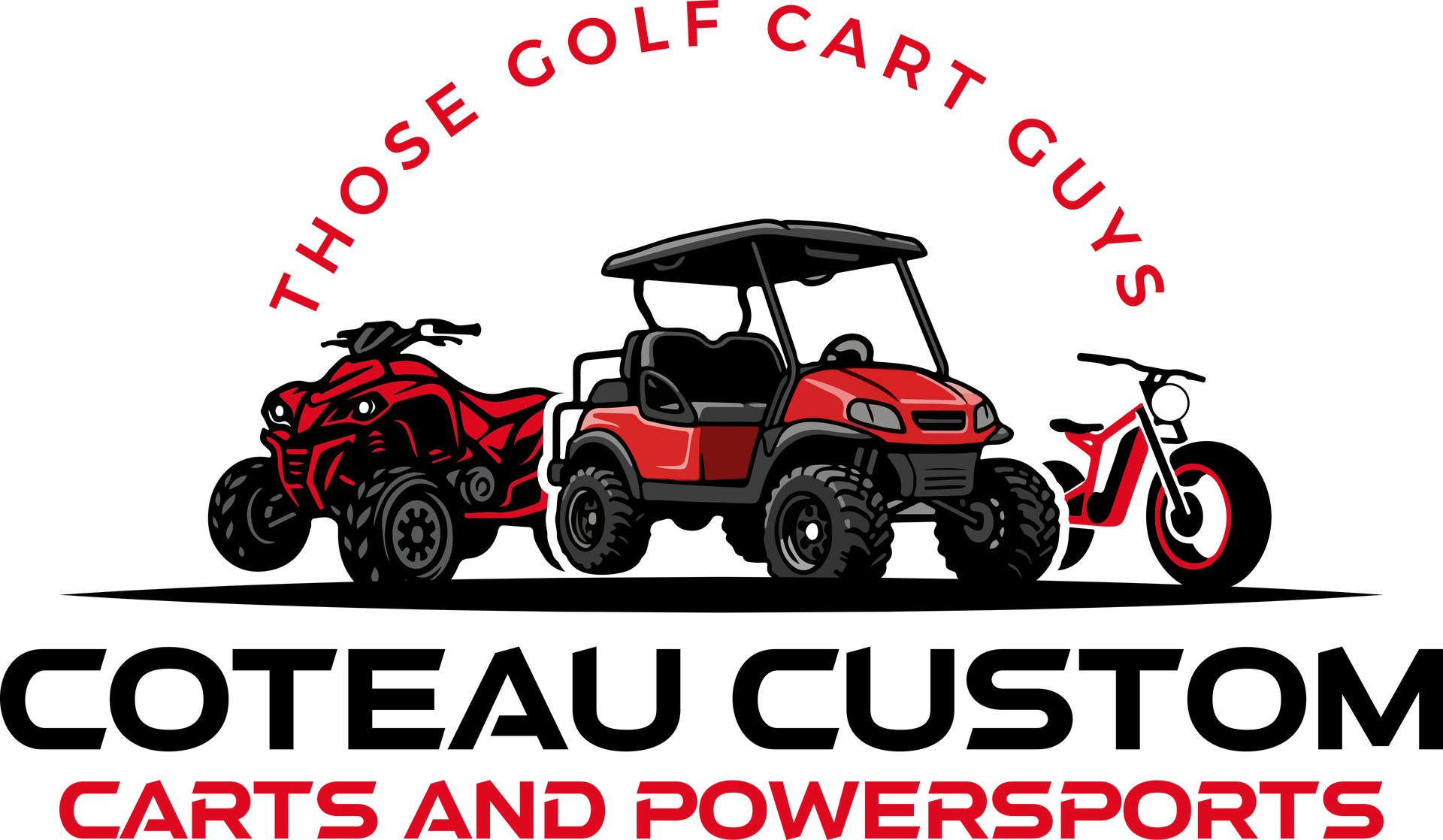 Coteau Custom Carts and Powersports logo with red golf cart, ATV, and scooter