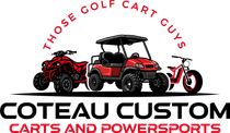 Coteau Custom Carts and Powersports logo with red golf cart, ATV, and scooter