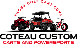 Coteau Custom Carts and Powersports logo with red golf cart, ATV, and scooter