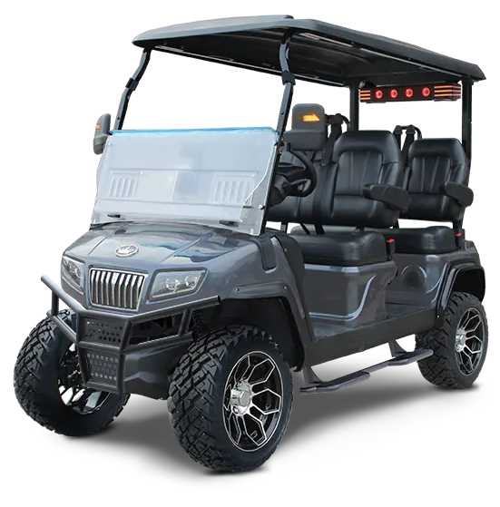Gray off-road utility golf cart with black roof, four seats, and large rugged tires